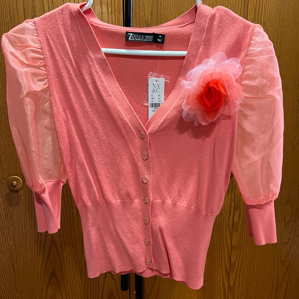 New York & Company Pink Button Down Shirt with Floral Accent